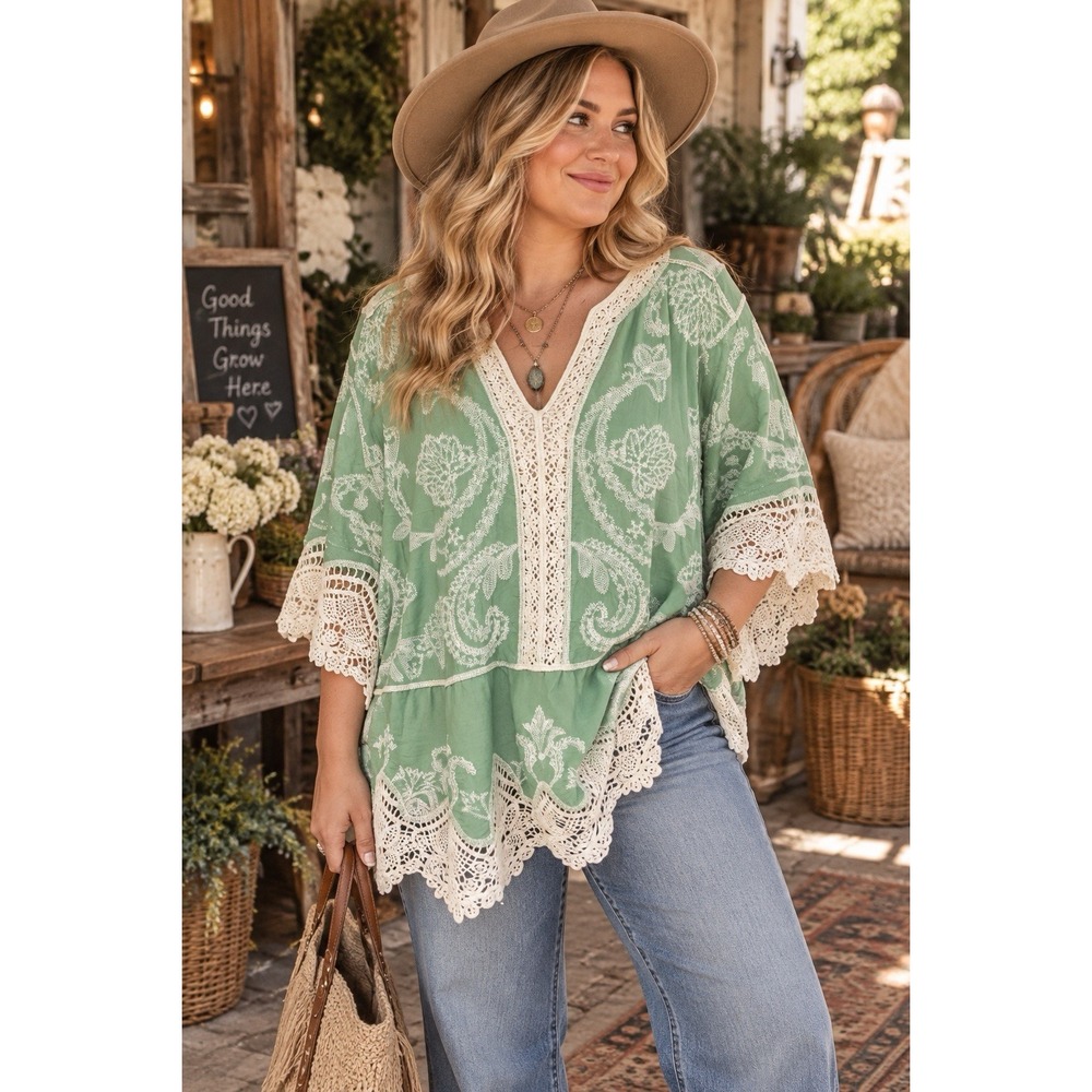Democracy Green Embroidered Crochet Lace Boho Tunic Top Blouse Size 2X Festival